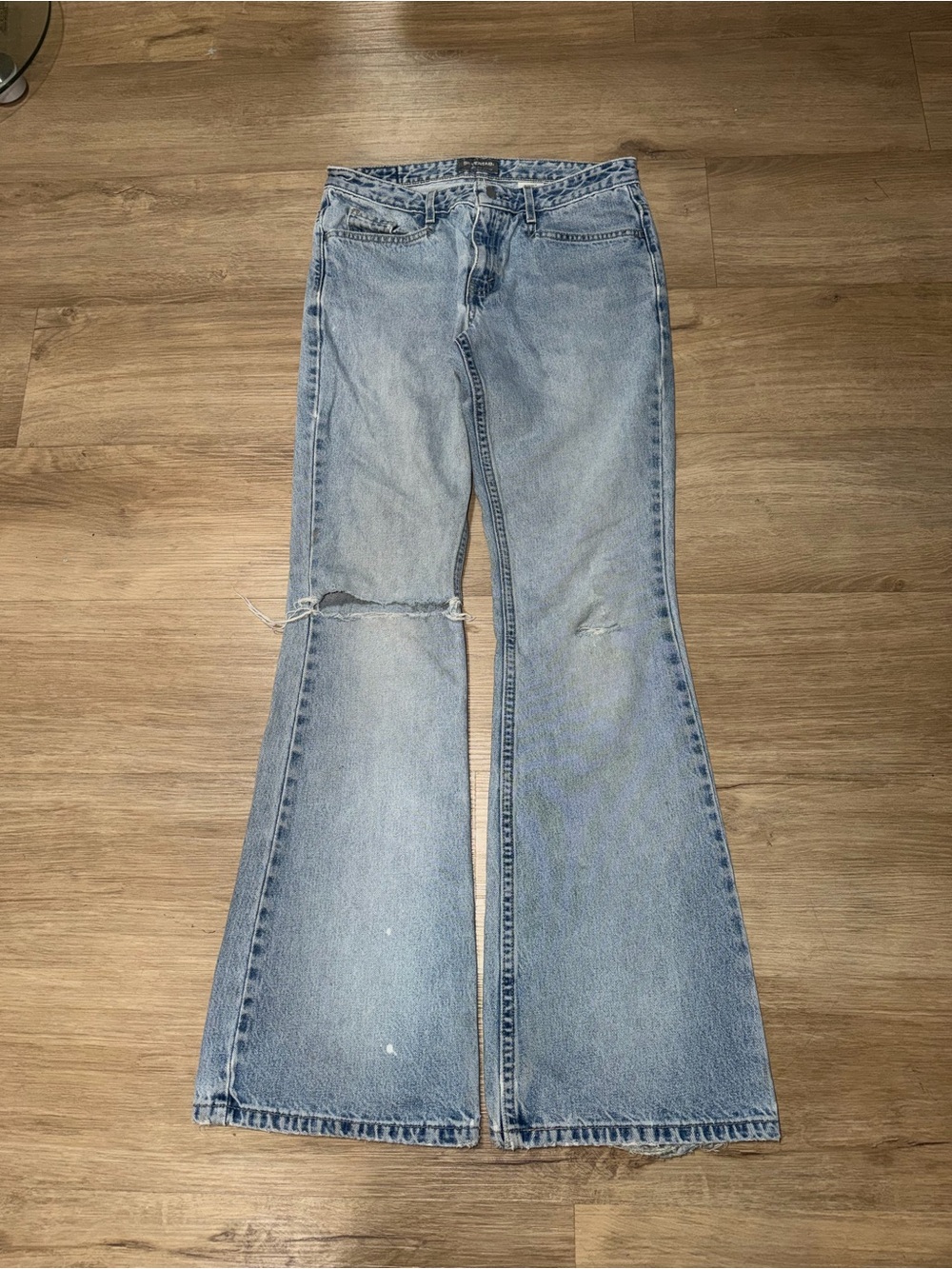 90s Levi's Light Blue Flare Jeans with Knee Distress